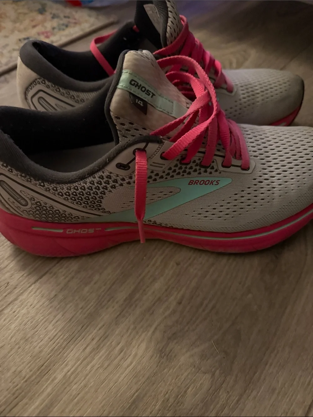 Brooks Women’s Ghost 14 Running Shoes - Light Gray with Pink and Aqua